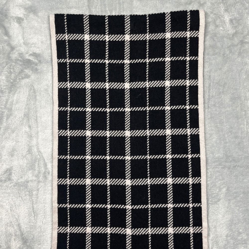 Coach Scarf Black Ivory Reversible Plaid Wool Cotton Knit Leather Logo - Picture 8 of 16